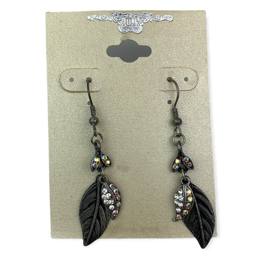 New Antiqued Silvertone Pierced Earrings Feather Hook 2 1/4" Drop Dangle